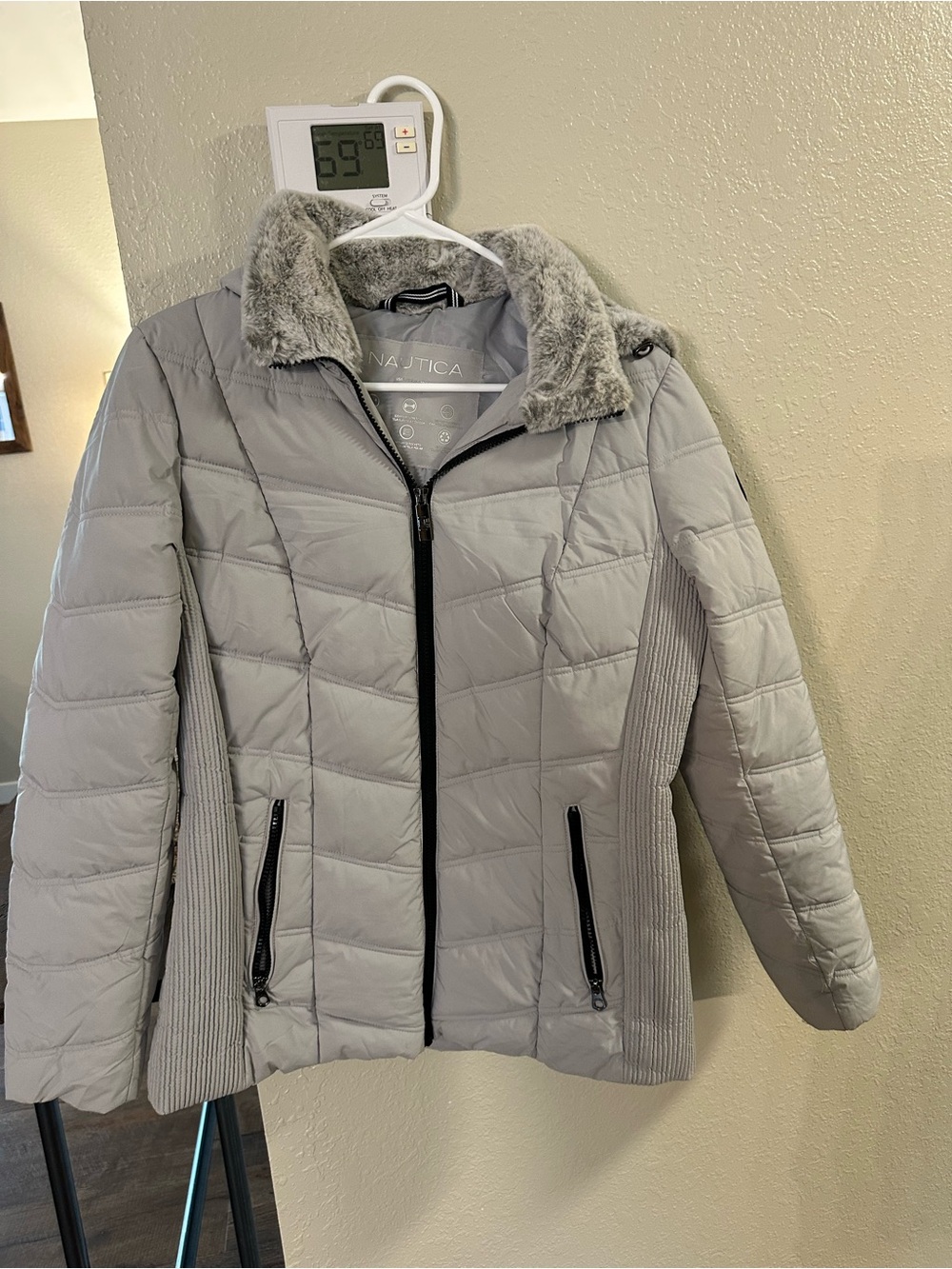 Nautica Light Gray Quilted Jacket with Faux-Fur Collar